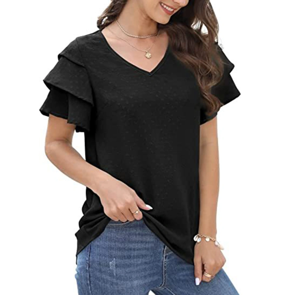 Women T Shirt Pure Color V Neck Ruffle Cuffs Fashionable Comfortable Short Sleeve Top for Office Home Dating Black L