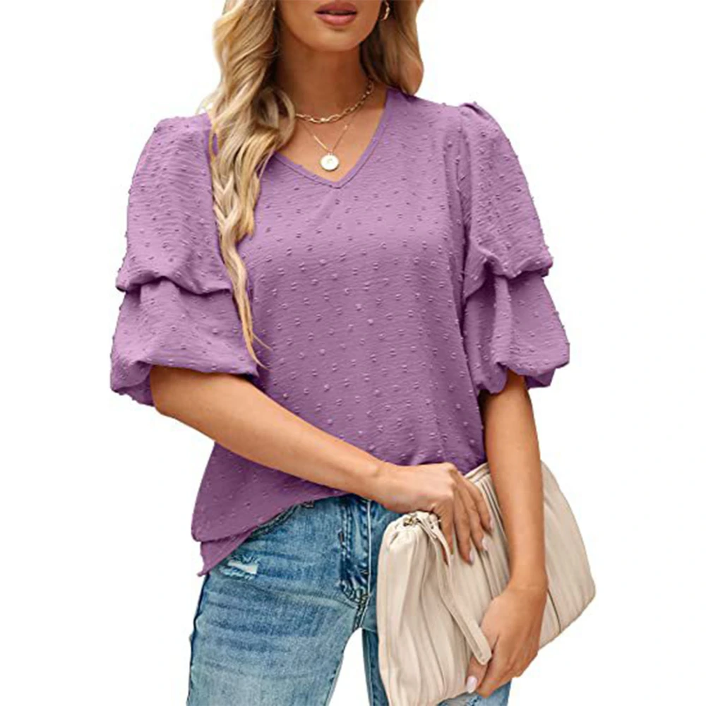 Woman Ruffle Short Sleeve Blouse V Neck Frill Puff Sleeve Plain Blouse Loose Fit Tops for Work Dating Purple L