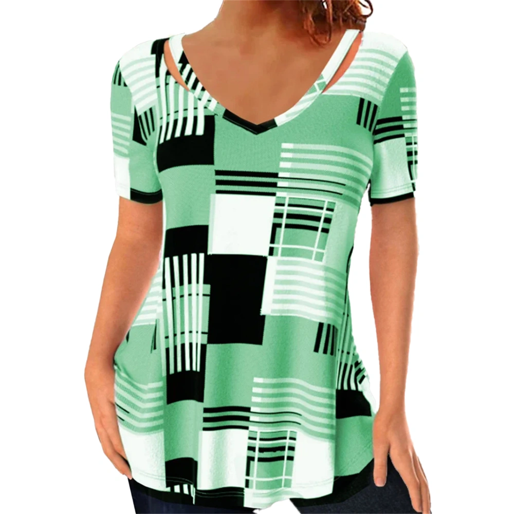 Hollow Out V Neck Tops Polyester Plaid Printed Breathable Stylish Short Sleeve T Shirt for Women Green M