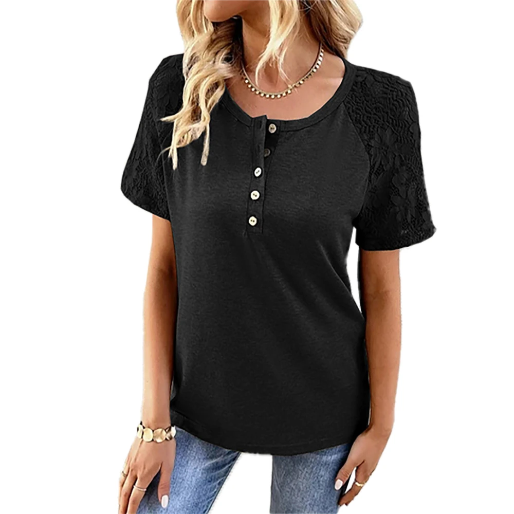 Women Round Neck Top Button Trim Lace Splicing Short Sleeves Casual Loose T Shirt for Summer Wear Black S