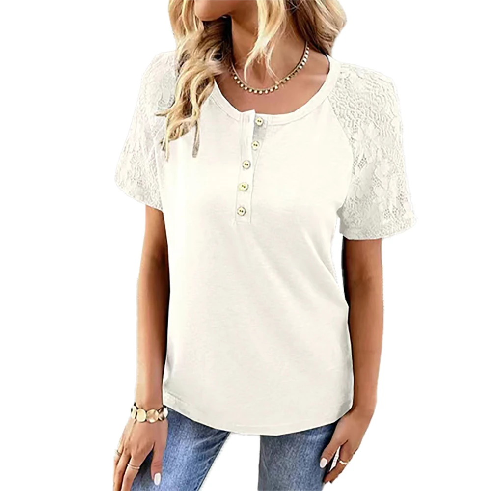 Women Round Neck Top Button Trim Lace Splicing Short Sleeves Casual Loose T Shirt for Summer Wear White L