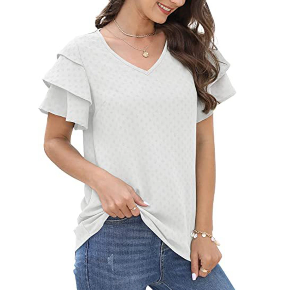 Women T Shirt Pure Color V Neck Ruffle Cuffs Fashionable Comfortable Short Sleeve Top for Office Home Dating White L