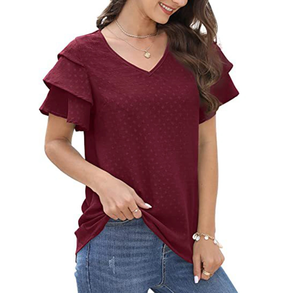 Women T Shirt Pure Color V Neck Ruffle Cuffs Fashionable Comfortable Short Sleeve Top for Office Home Dating Wine Red XXL