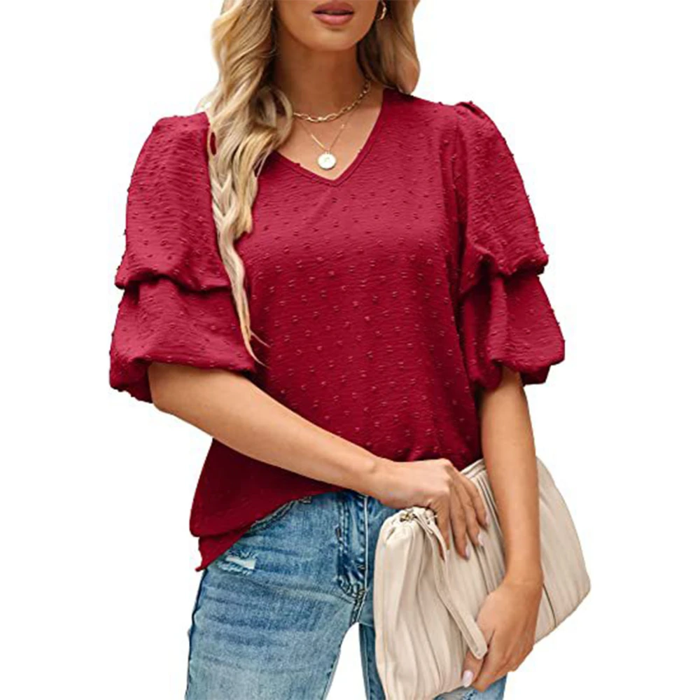 Woman Ruffle Short Sleeve Blouse V Neck Frill Puff Sleeve Plain Blouse Loose Fit Tops for Work Dating Wine Red L