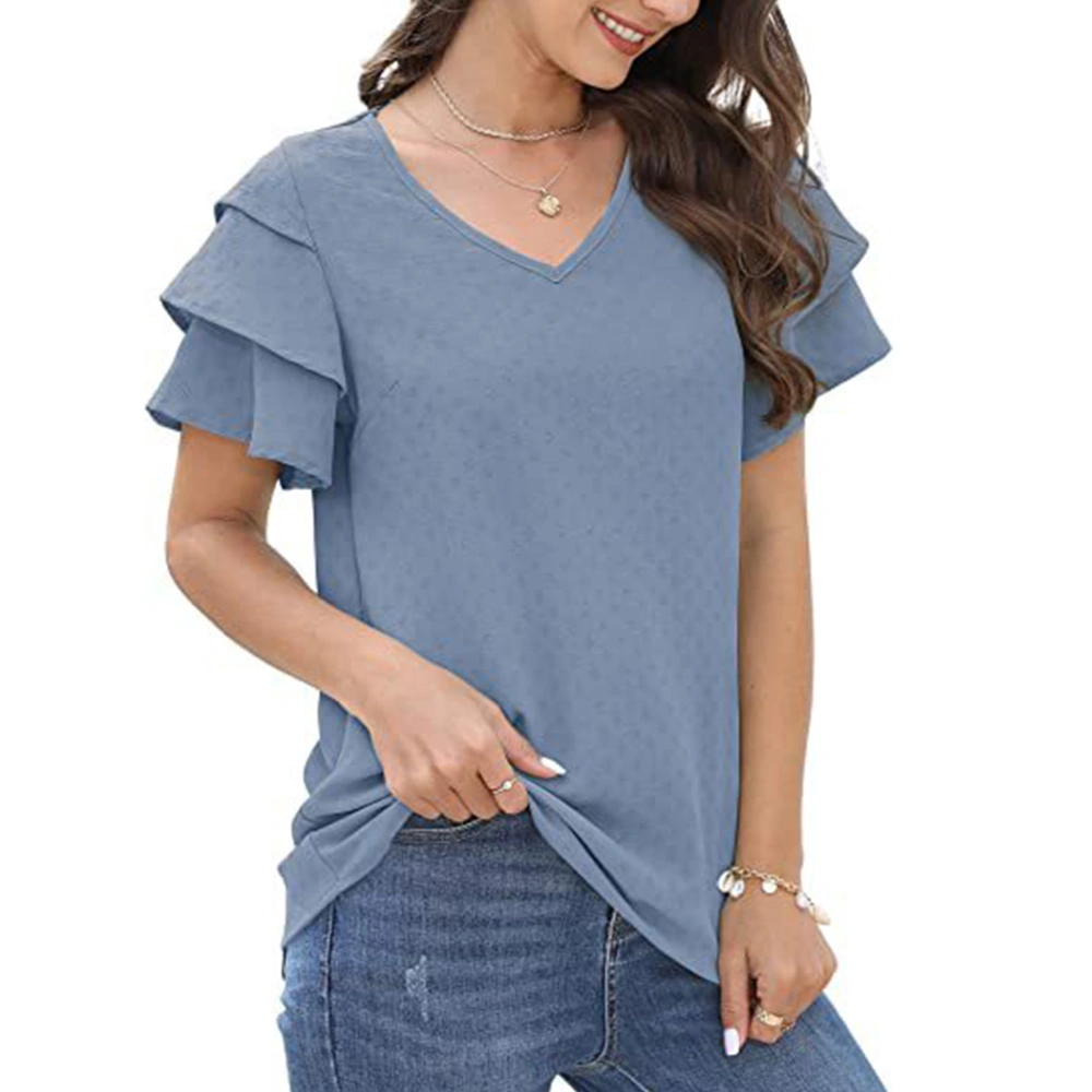 Women T Shirt Pure Color V Neck Ruffle Cuffs Fashionable Comfortable Short Sleeve Top for Office Home Dating Light Blue S