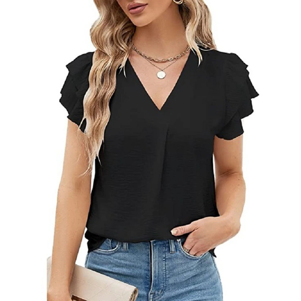 V Neck Ruffle Short Sleeved Pleated Blouse Women Soft Skin Friendly Fashionable Short Sleeve Shirt Top Black XL