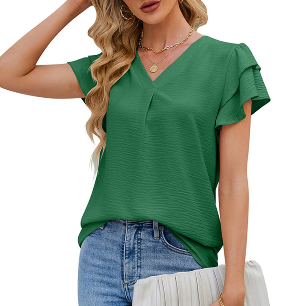 V Neck Ruffle Short Sleeved Pleated Blouse Women Soft Skin Friendly Fashionable Short Sleeve Shirt Top Green XXL