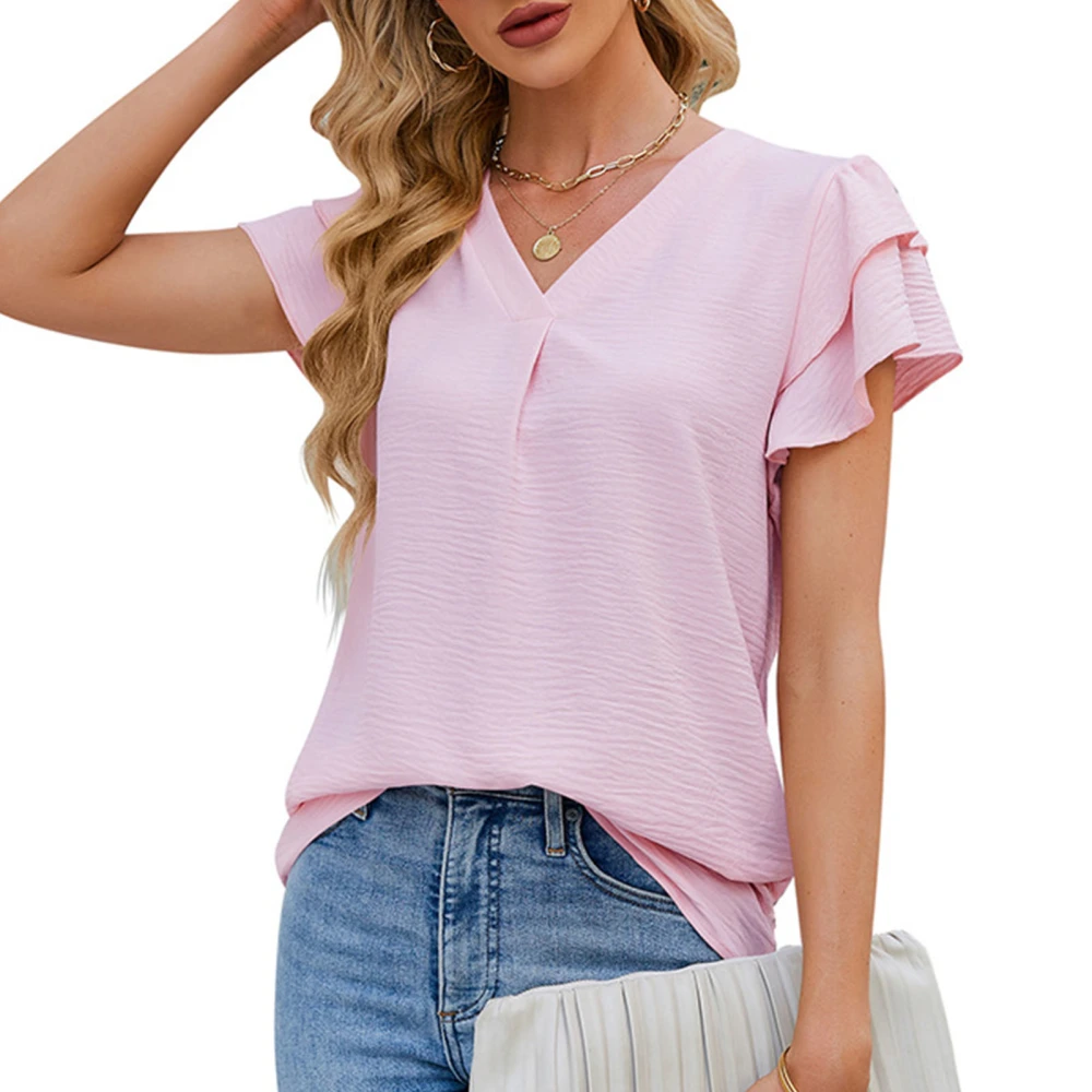 V Neck Ruffle Short Sleeved Pleated Blouse Women Soft Skin Friendly Fashionable Short Sleeve Shirt Top Light Pink M