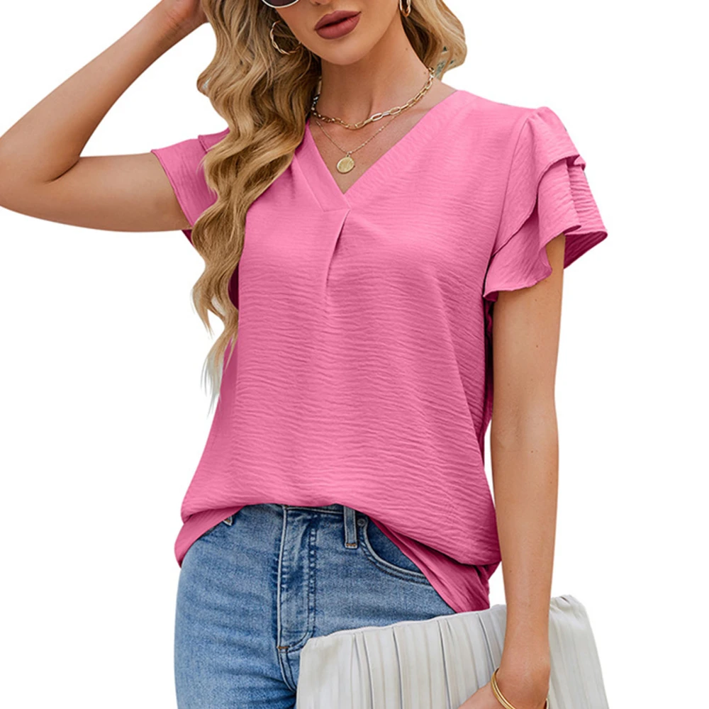 V Neck Ruffle Short Sleeved Pleated Blouse Women Soft Skin Friendly Fashionable Short Sleeve Shirt Top Bright Pink S