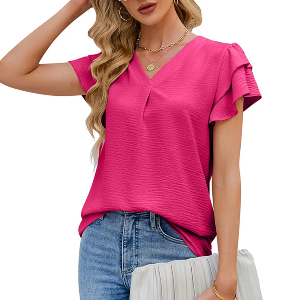 V Neck Ruffle Short Sleeved Pleated Blouse Women Soft Skin Friendly Fashionable Short Sleeve Shirt Top Rose Red L