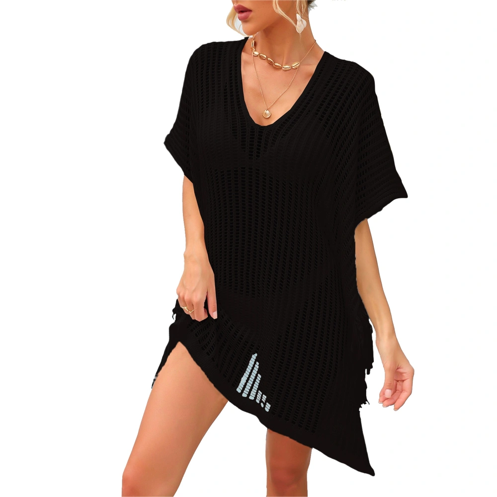 Swimsuit Knitted Cover Dress V Neck Hollow Pure Color Side Split Tassel Short Sleeved Swimwear Cover Dress Black Free Size