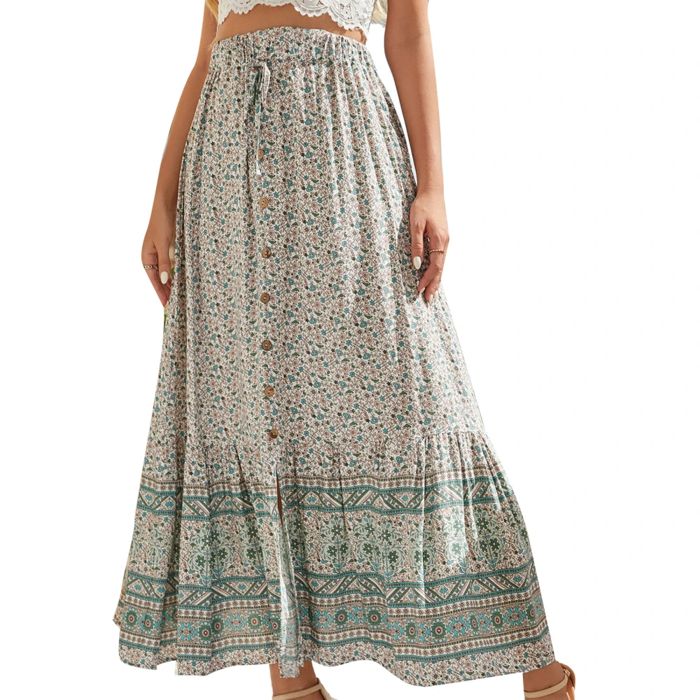 Women Skirt Floral Print Button Front Elastic High Waist Long Skirt for Home Travel Green L