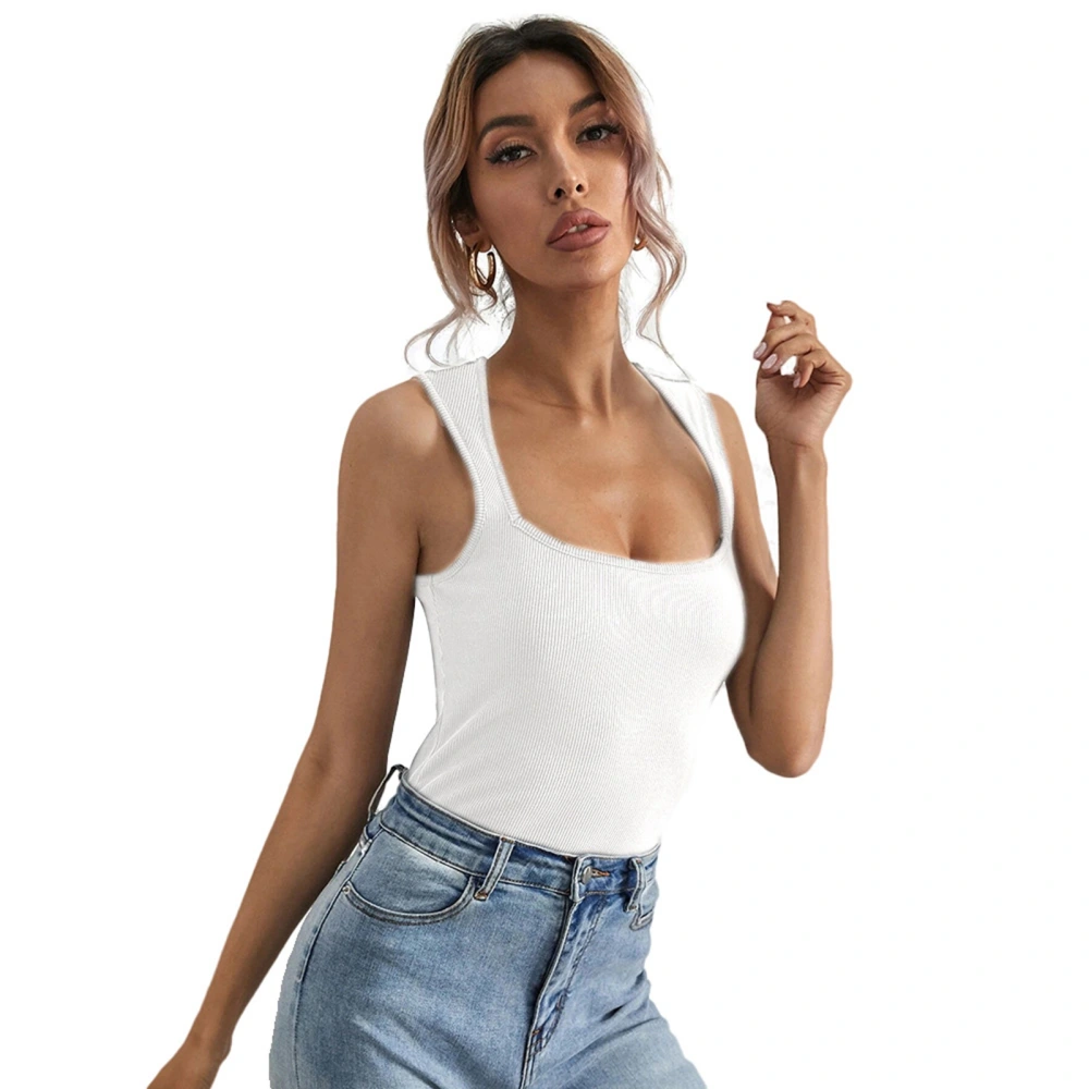 Women Slim Tank Top Fashionable Casual Pure Color Versatile U Neck Sleeveless Tee Shirt for Summer White XL