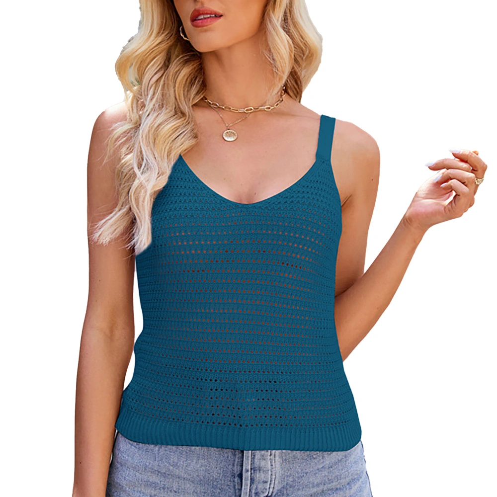 Women Knit Tank Top Spaghetti Strap V Neck Hollow Out Breathable Comfortable Women Knit Sleeveless Top for Summer Royalblue S