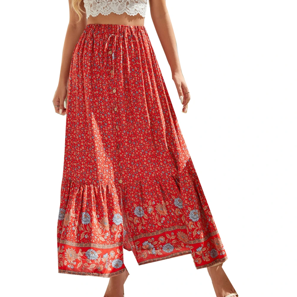 Women Skirt Floral Print Button Front Elastic High Waist Long Skirt for Home Travel Red L