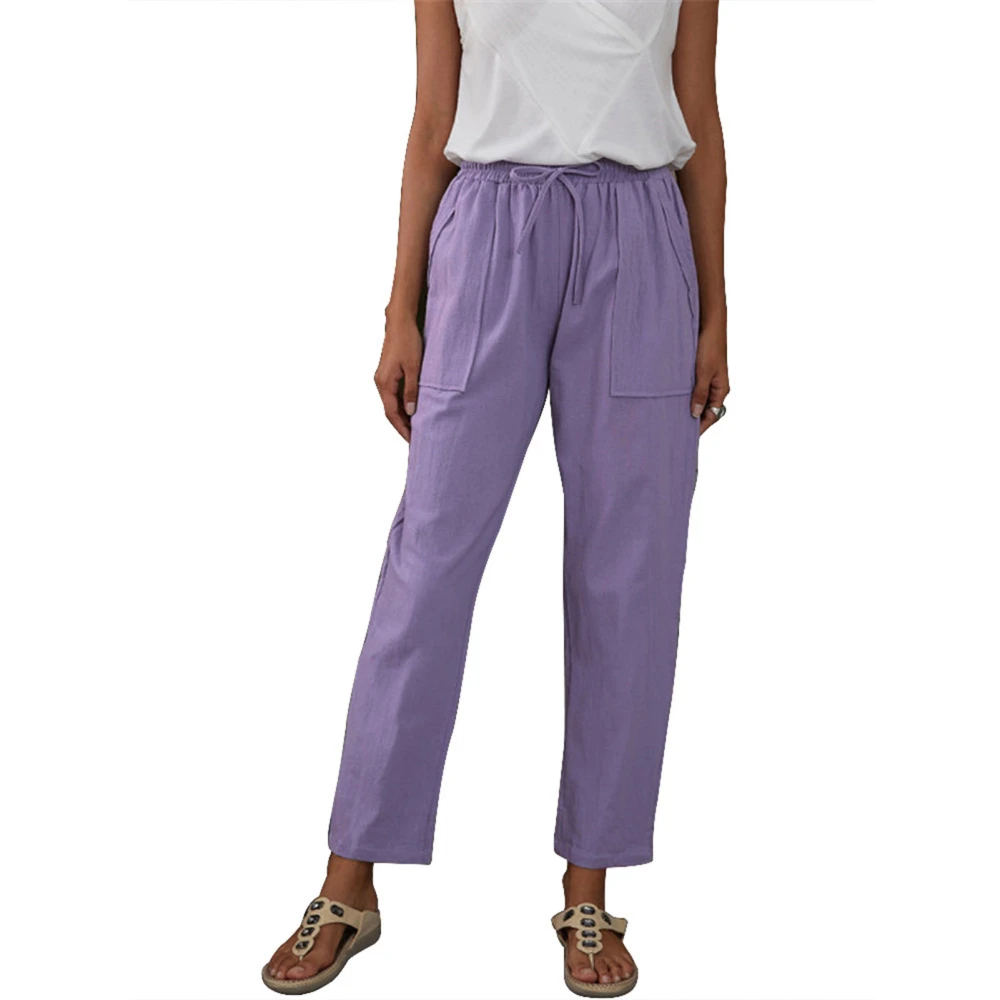 Casual Pants Side Pocket Loose Plain Comfortable Breathable Straight Tie Pants for Work Daily Purple XL