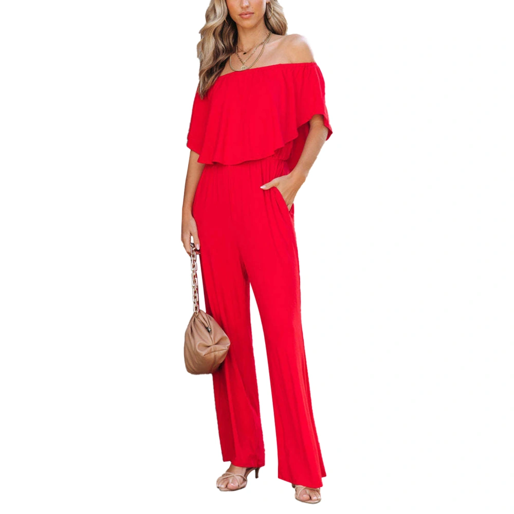 Women Off Shoulder Jumpsuit Wide Leg Plain Pattern Elegant Trendy Loose Comfortable Summer Jumpsuit M Red