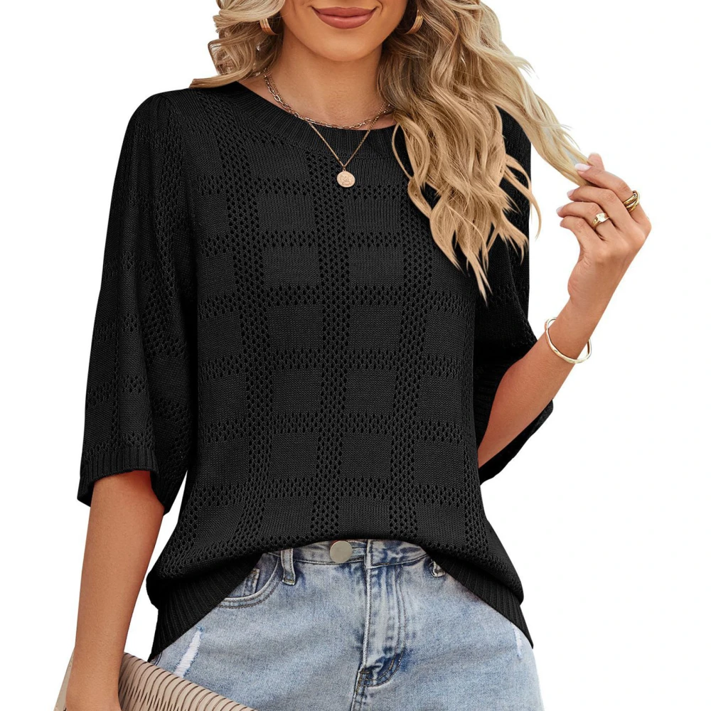 Summer T Shirt Cut Out Plain Round Neck 3/4 Sleeve Knit Sunscreen Women Top for Beach Outdoor Daily Black M