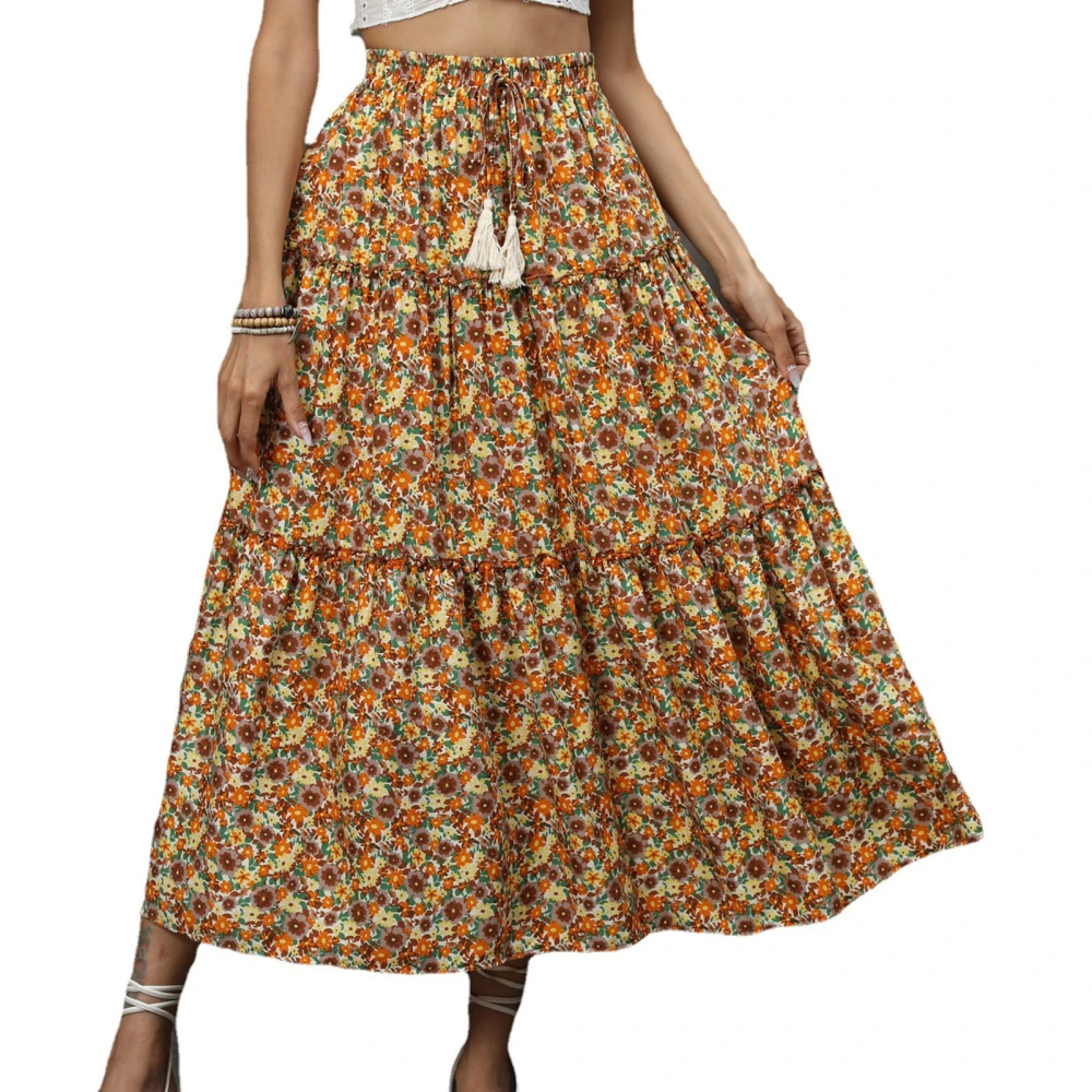 Half Length Skirt Elastic Waist Women Floral Print Skirt with Fringe Strap for Beach Holiday Apricot Yellow L