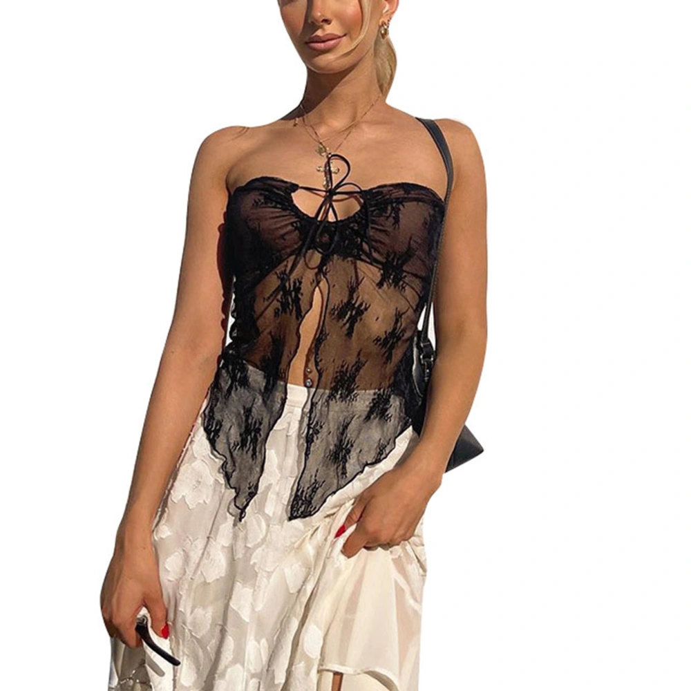 Women Strapless Top Polyester Polyurethane Casual Breathable See Through Tops for Women Black L