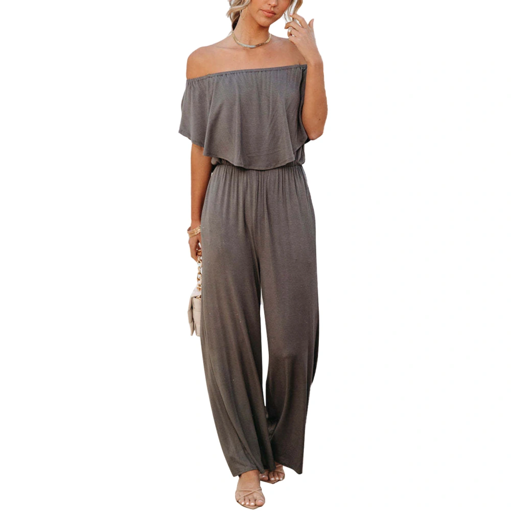 Women Off Shoulder Jumpsuit Wide Leg Plain Pattern Elegant Trendy Loose Comfortable Summer Jumpsuit XL Gray