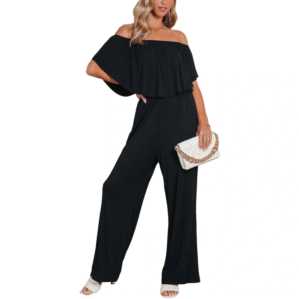 Women Off Shoulder Jumpsuit Wide Leg Plain Pattern Elegant Trendy Loose Comfortable Summer Jumpsuit 2XL Black