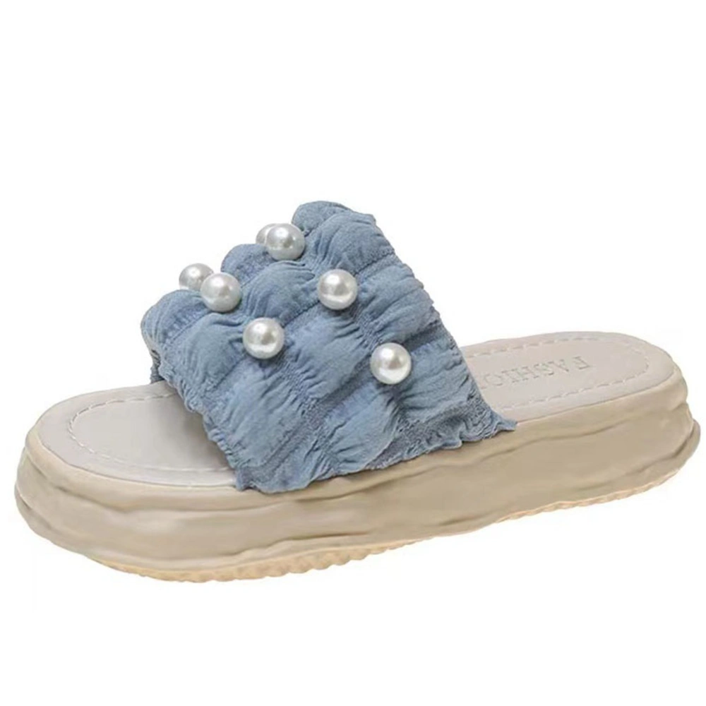 Women Slippers Pearl Style Soft Thick Sole Anti Slip PVC Bright Colors Women Sandals Home Bathroom Outdoor Blue EU Size 40 to 41