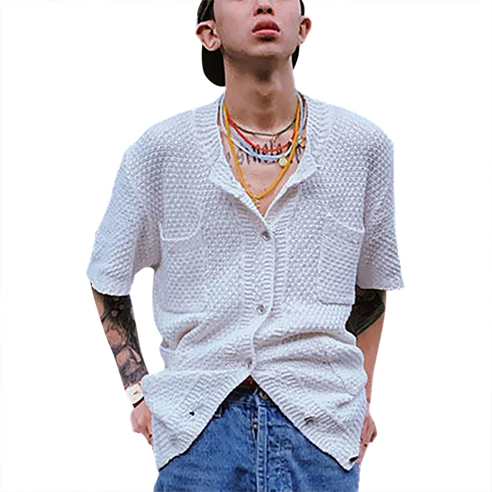 Men Knit Shirt Button Up Pure Color Loose Fit Short Sleeve Men Open Front Top with Pockets for Autumn White XL