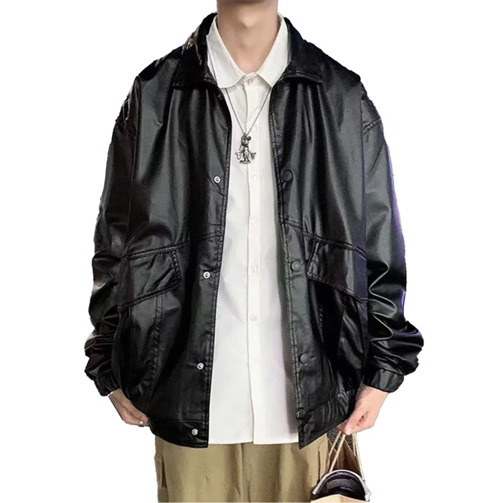 Men PU Leather Jacket Spring Loose Casual Turn Down Collar Snap Button Outwear for Holiday Party Black M