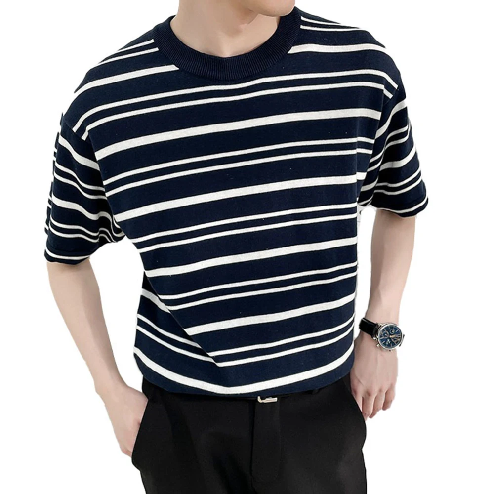 Men Crewneck T Shirt Summer Casual Fashionable Short Sleeve Top Blouse for Office Work Dating Dark Blue XL