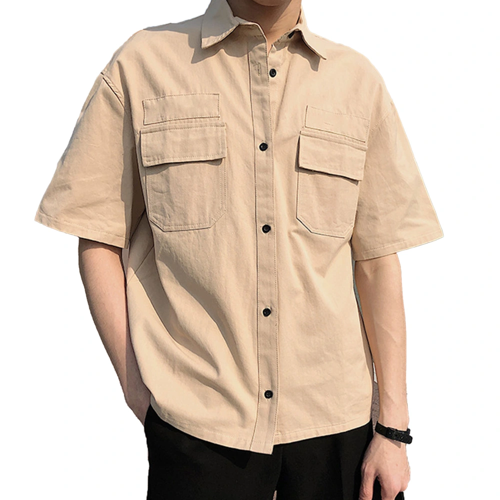 Men Half Sleeve Shirt with Pockets Summer Turndown Collar Top Button Down T Shirt Simple Style Khaki L