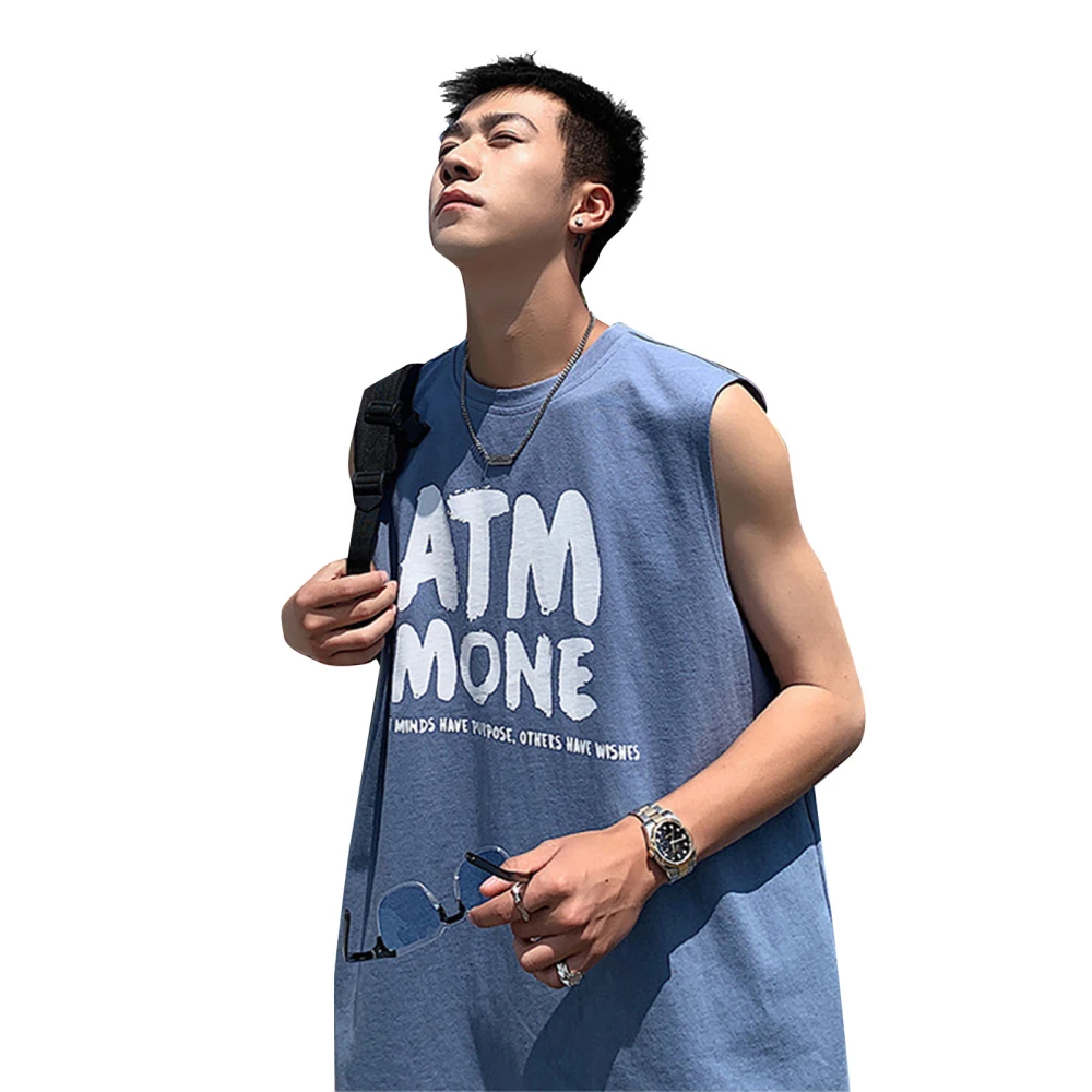 Men Sleeveless Shirt Chemical Fiber Blend Printed Pattern Loose Breathable Top for Outdoor Blue XL