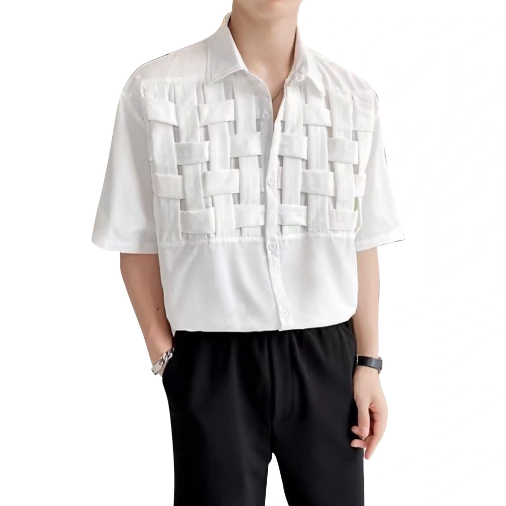 Men Half Sleeve Shirt Woven Knitted Summer Fashion Solid Color Turndown Collar Top White XL