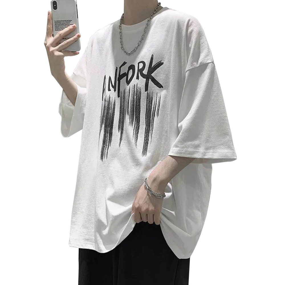 Men T Shirt Half Sleeve Round Neck Print Casual Comfortable Sweat Absorption Fashionable Short Sleeve for Summer White XL