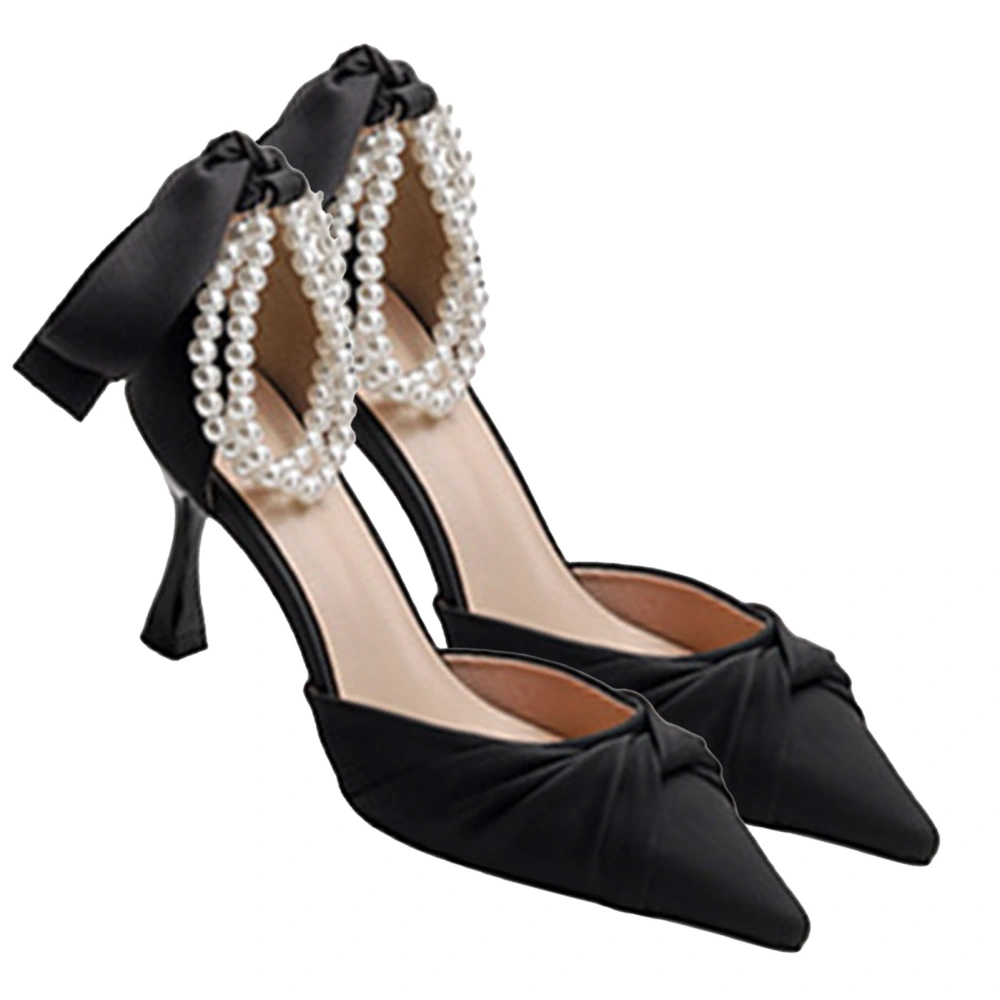 Heeled Sandal Pointed Toe Elegant Pearl Strap Tie Back Comfortable for Wedding Evening Party Black 38