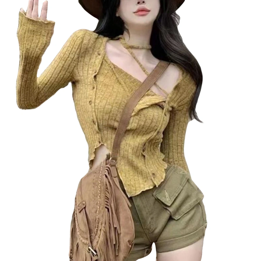 Slim Knit Top Long Sleeve Square Neck Pullover Fashionable Charming Colorfast Pure Color Breathable for Party Yellow Free Size(Suitable for About 40‑60kg)