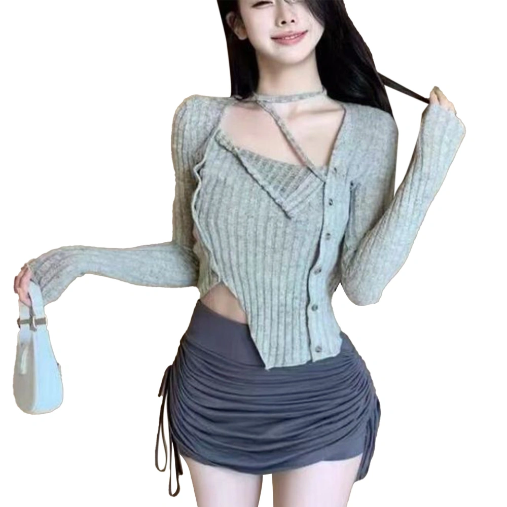 Slim Knit Top Long Sleeve Square Neck Pullover Fashionable Charming Colorfast Pure Color Breathable for Party Gray Free Size(Suitable for About 40‑60kg)