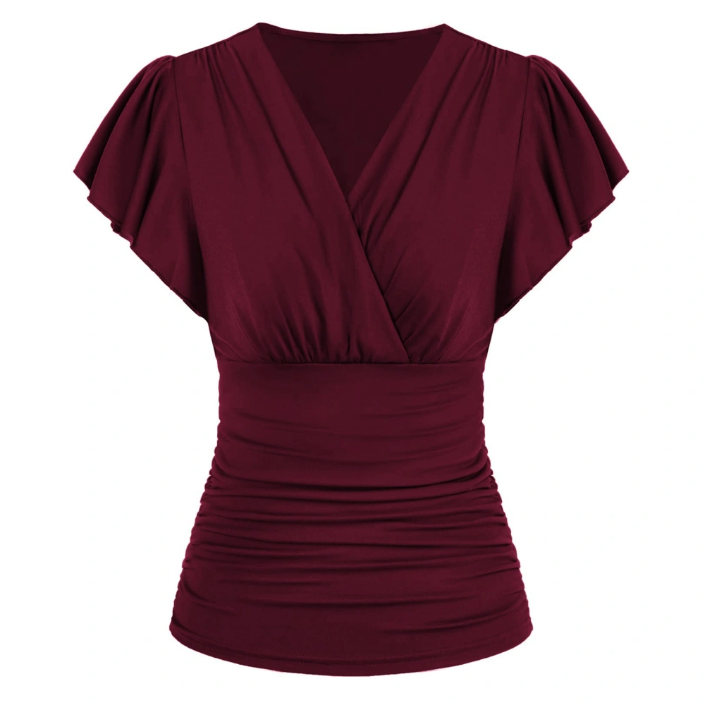 Slim Fit Ruched Blouse Cross Front V Neck Short Sleeved Blouses Shirts Top for Women Lady Girl Burgundy XL