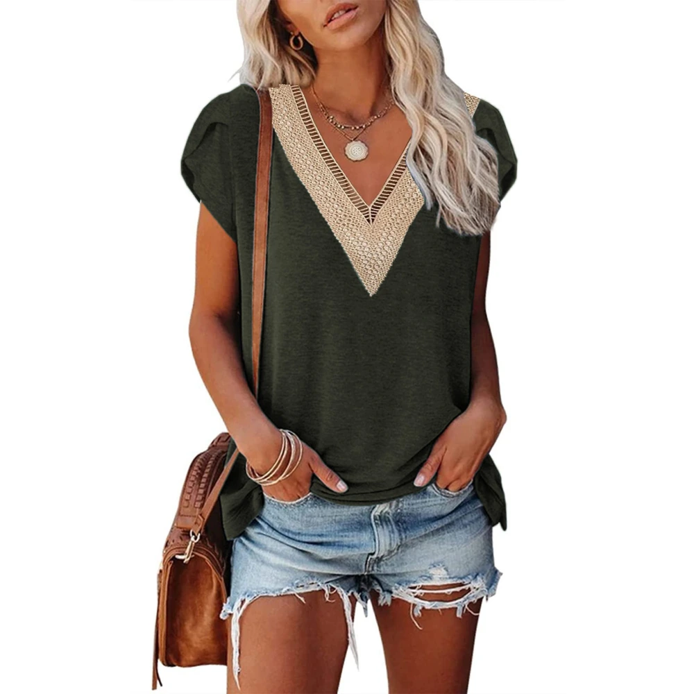 V Neck Petal Sleeve Blouse Short Sleeved Lace Trim Guipure Lace Blouse Shirt Top for Women Lady Girl OD Green XL