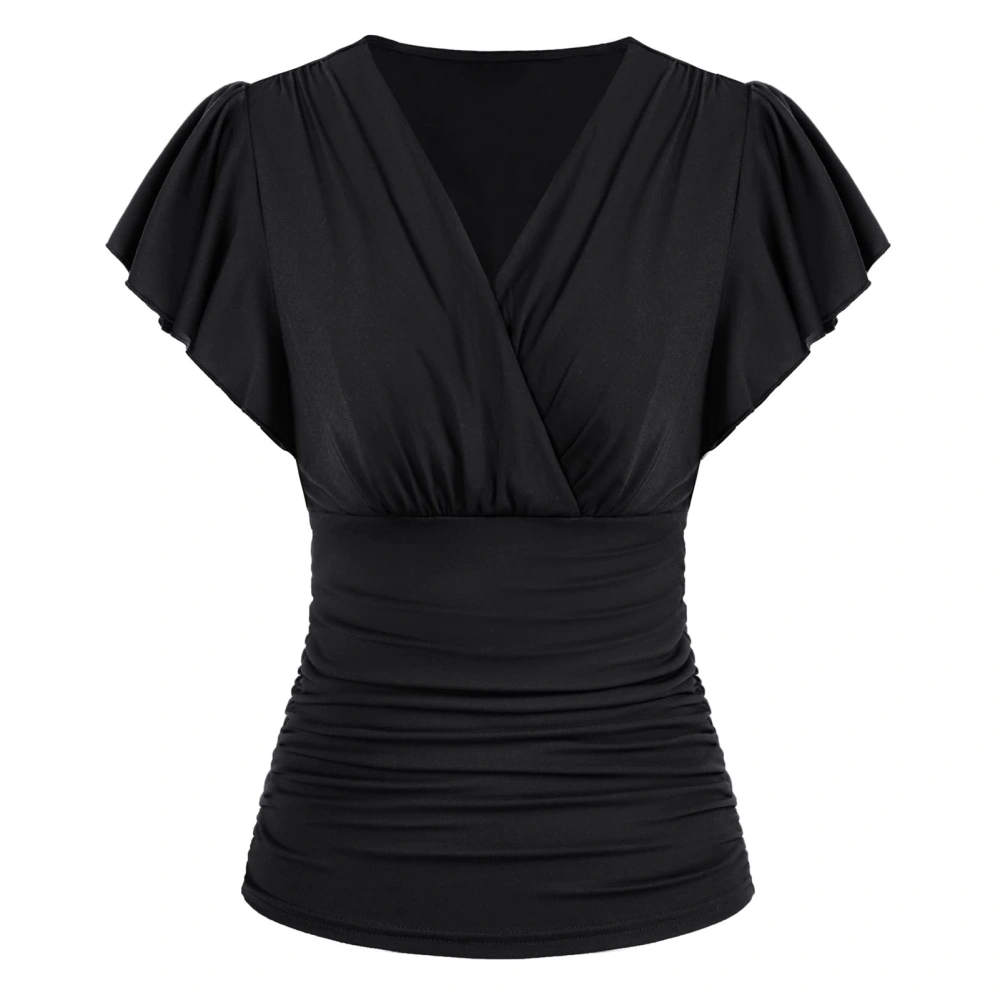 Slim Fit Ruched Blouse Cross Front V Neck Short Sleeved Blouses Shirts Top for Women Lady Girl Black L