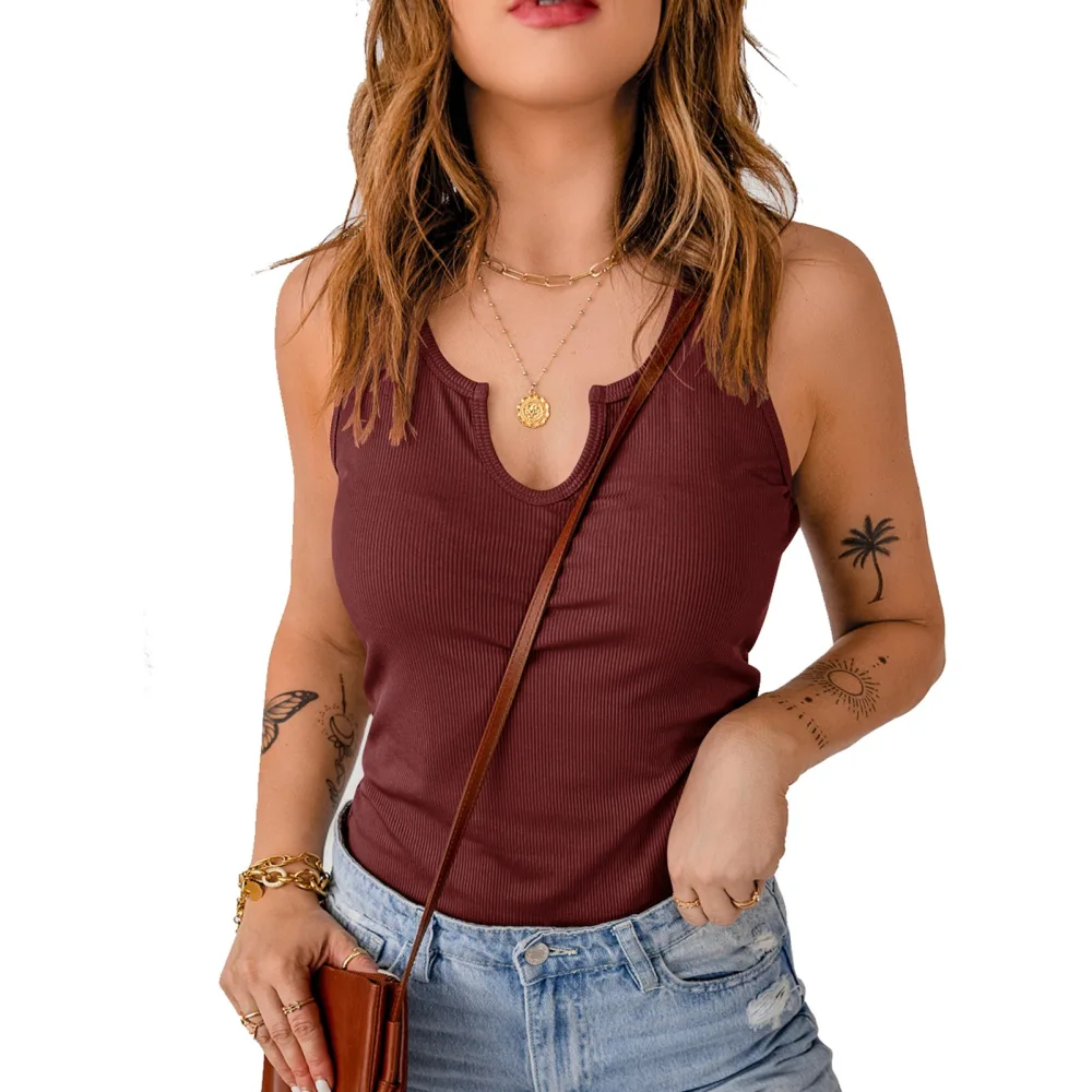 V Neck Ribbed Tank Plain Color Slim Fitted Stretchy Elastic Sleeveless Tank for Women Lady Burgundy L