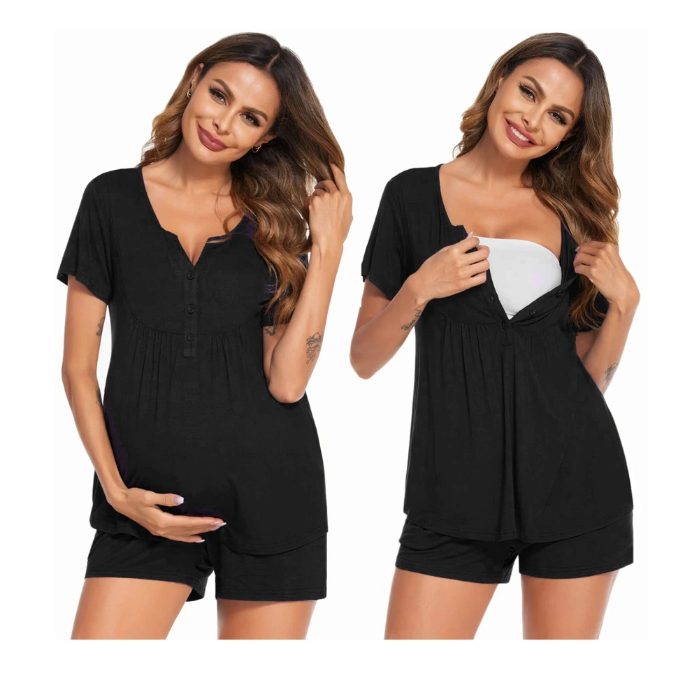 Women Maternity Nursing Pajama Set Pregnancy Breastfeeding Short Sleeve Pure Color Sleepwear Set for Hospital Black XXL