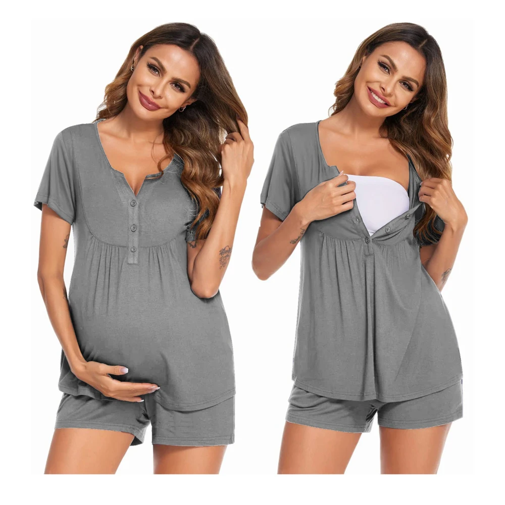 Women Maternity Nursing Pajama Set Pregnancy Breastfeeding Short Sleeve Pure Color Sleepwear Set for Hospital Grey XL