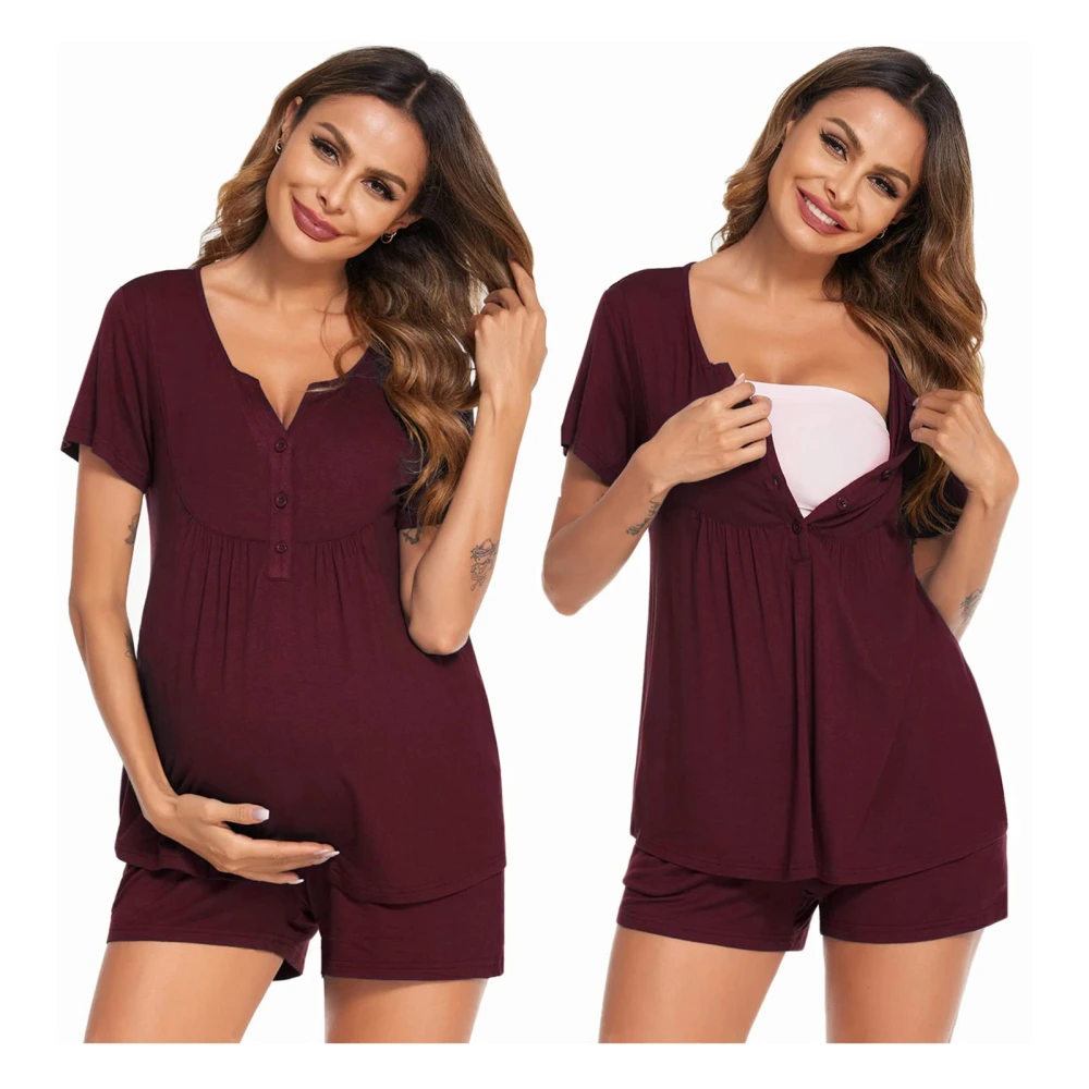 Women Maternity Nursing Pajama Set Pregnancy Breastfeeding Short Sleeve Pure Color Sleepwear Set for Hospital Burgundy XL