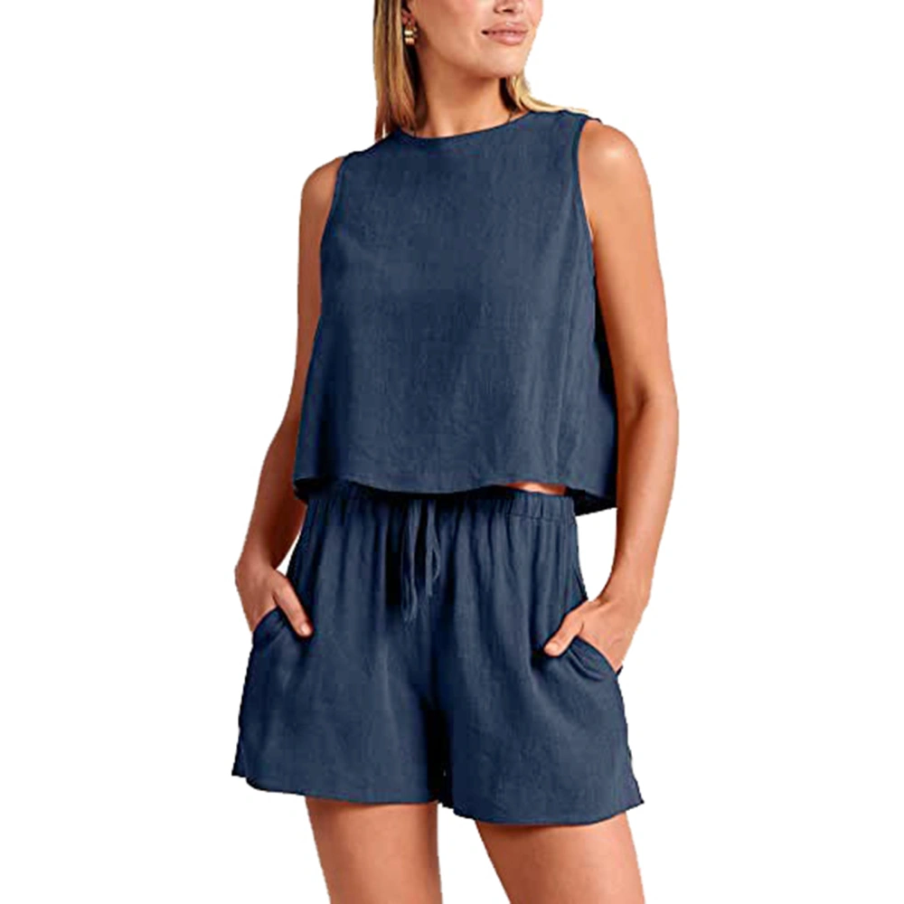 Women Summer 2 Piece Outfits Shorts Set Sleeveless Top Tank High Waisted Shorts Navy Blue S