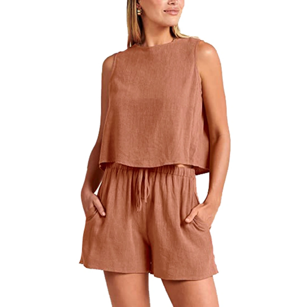 Women Summer 2 Piece Outfits Shorts Set Sleeveless Top Tank High Waisted Shorts Light Brown XXL