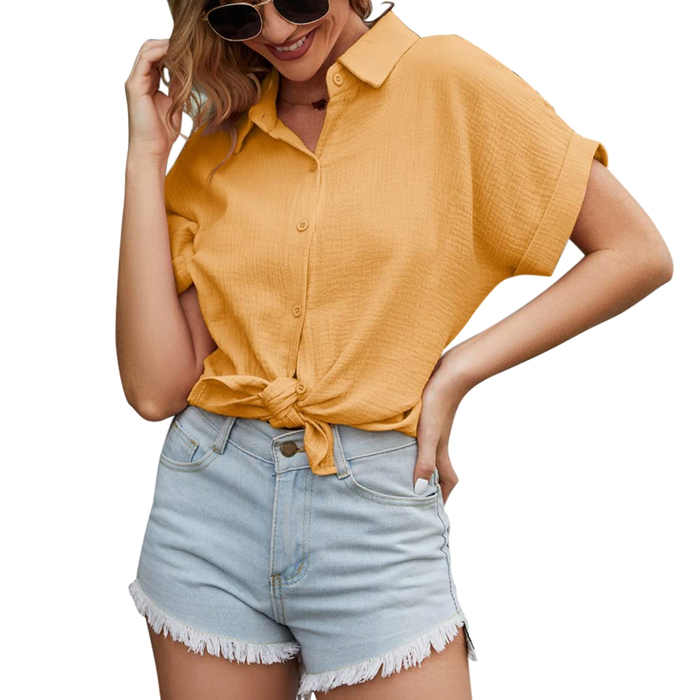 Cotton Button Up Short Sleeve Shirt Women Casual Plain Color Loose Hem Turn Down Collar Top Blouse Orange XXL