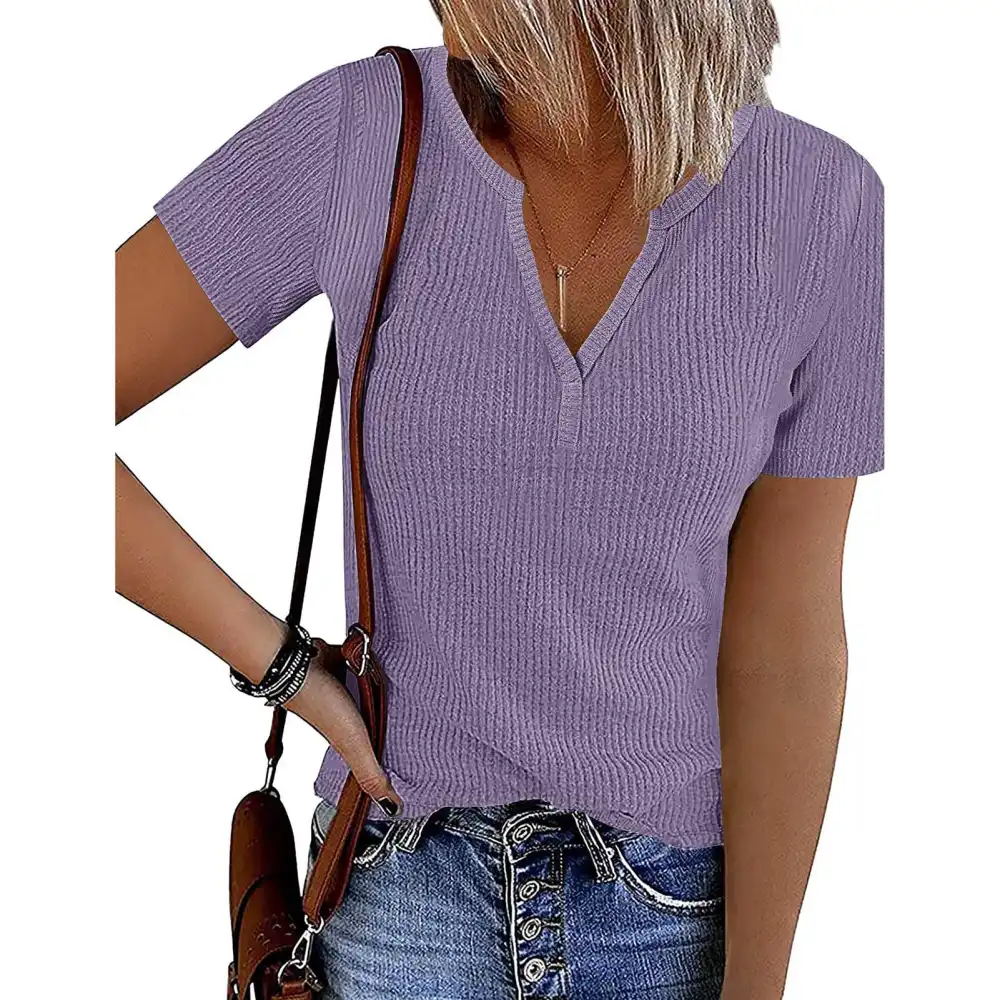 Short Sleeve V Neck Top Women Stylish Casual Elegant Pure Color Rib Knit Shirt Blouse for Holiday Party Purple XL