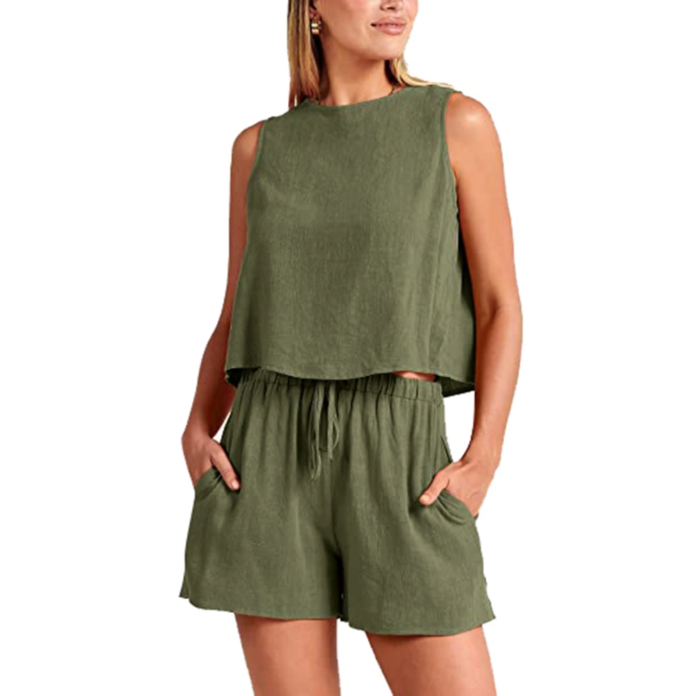 Women Summer 2 Piece Outfits Shorts Set Sleeveless Top Tank High Waisted Shorts Light OD Green L