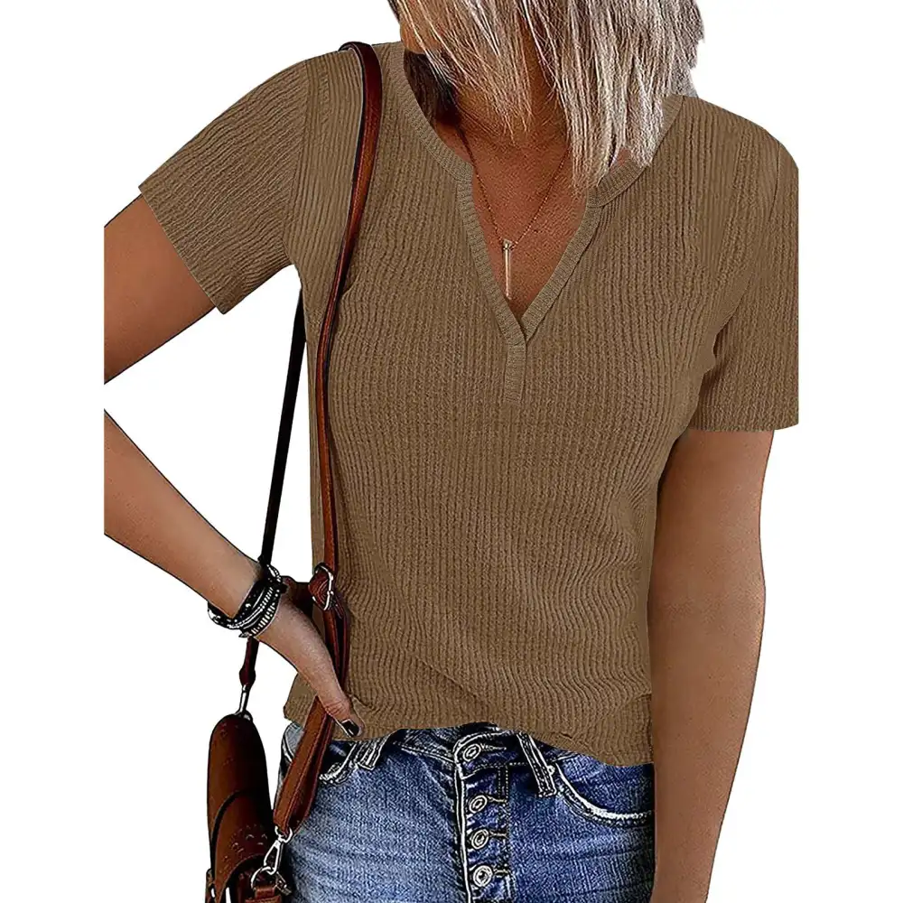 Short Sleeve V Neck Top Women Stylish Casual Elegant Pure Color Rib Knit Shirt Blouse for Holiday Party Coffee S